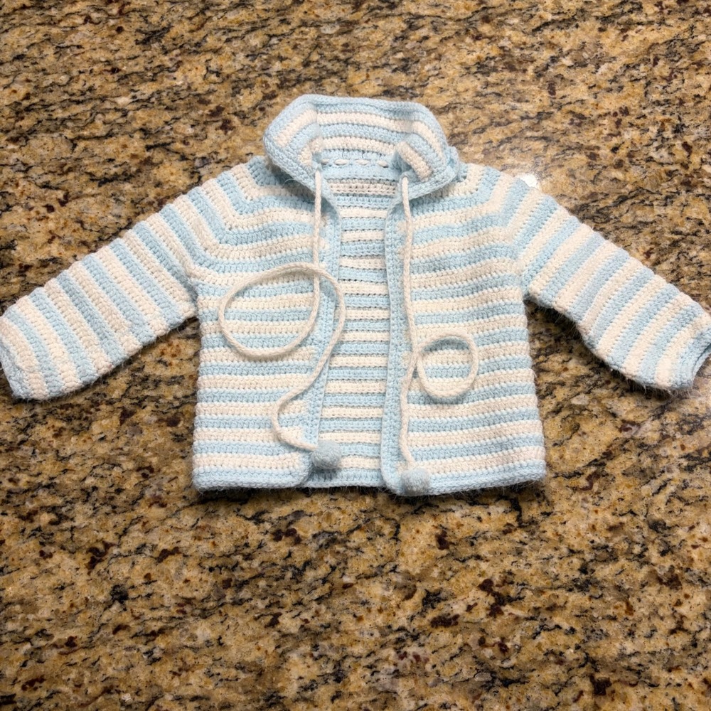 Handmade Crochet Baby Cardigan Hooded Sweater Striped Blue White Pom Knit 9-12M